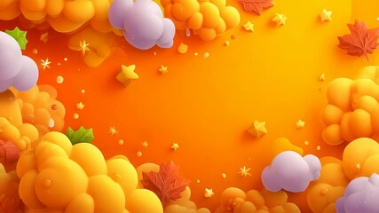 Cartoon style autumn background with stylized leaves, stars, and clouds in shades of orange, yellow, and lavender for seasonal designs. - Powered by Adobe