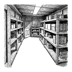 Darkroom Basement Storage Room with Shelves and Boxes Black and White Outline Line Art Drawing