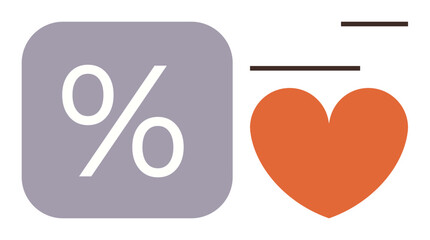 Gray percentage symbol in a rounded square beside an orange heart and minimalist lines. Ideal for marketing, finance, love, discounts, balance, branding, and a simple landing page