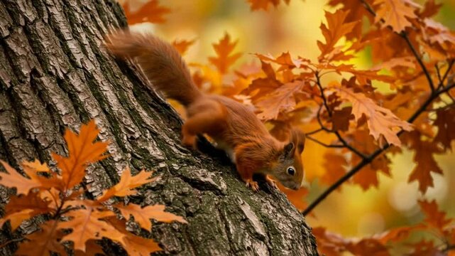 Red Squirrel on Autumn Tree: Golden Forest Serenity