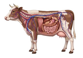 Cow Anatomy: Internal Organs and Vascular System - Detailed illustration of a cow's internal anatomy, showcasing the organs and vascular system. Educational and informative