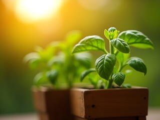 Fresh basil plants growing in wooden pot in backlight during summer sunset