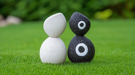 White and Black Textured Stones on Green Grass