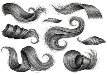 Elegant Hair Strand Designs - Collection of ten detailed ink drawings of flowing hair strands, perfect for hair salons, beauty blogs, or design projects