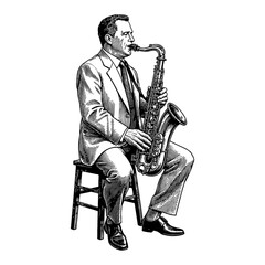 Naklejka premium Man in Suit Playing Saxophone Seated on Stool Vintage Black and White Outline Line Art Drawing