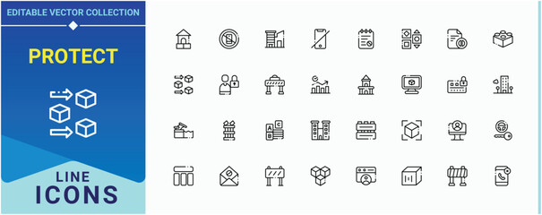 Protect vector line icon set. Includes symbols for block, security, lock and more. Blocked icon collection. Thin icons set. Editable stroke. Pixel Perfect.