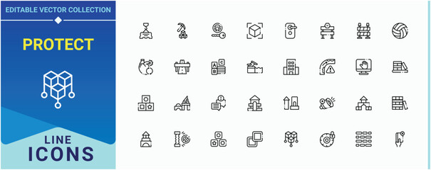 Protect icon. Includes thin line symbols safe, security, lock, block and more. Blocked icon collection. Collection of simple line web icons. Editable vector art and illustration.