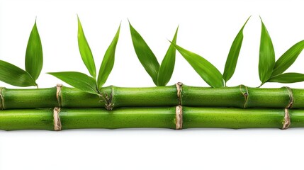 Vibrant Green Bamboo Stalks and Leaves on White Background