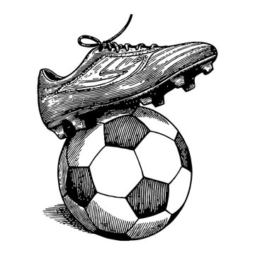 soccer shoe on ball, black and white clip art preview