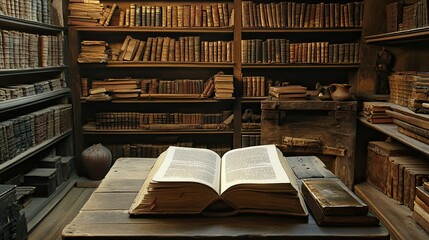 A table holding an open book, surrounded by shelves filled with ancient knowledge from different cultures.