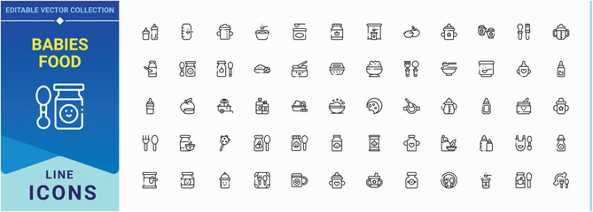 Babies Food icon set. Pack of baby, feeding, cereal, food, child, meal, milk and more. Modern thin line style icons. Pixel perfect. Vector illustration. Feed line icon set.