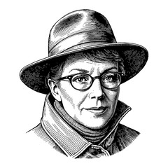 Black and White Outline Line Art Drawing of a Female Detective Portrait Wearing Hat Coat and Glasses