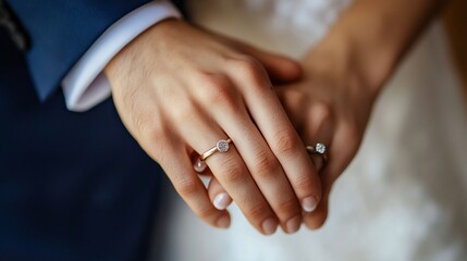 Newlywed Couple's Intertwined Hands Showcasing Sparkling Diamond Rings