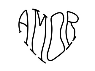 Vector isolated heart shaped word Amor colorless black and white contour line easy drawing