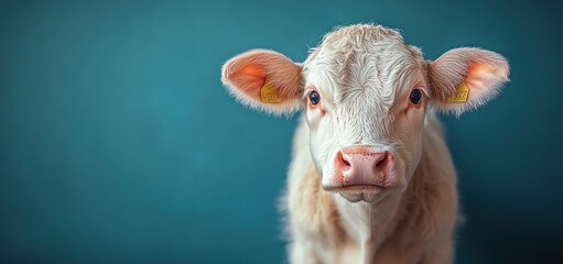 Fototapeta premium Adorable Calf Portrait Against Teal Background