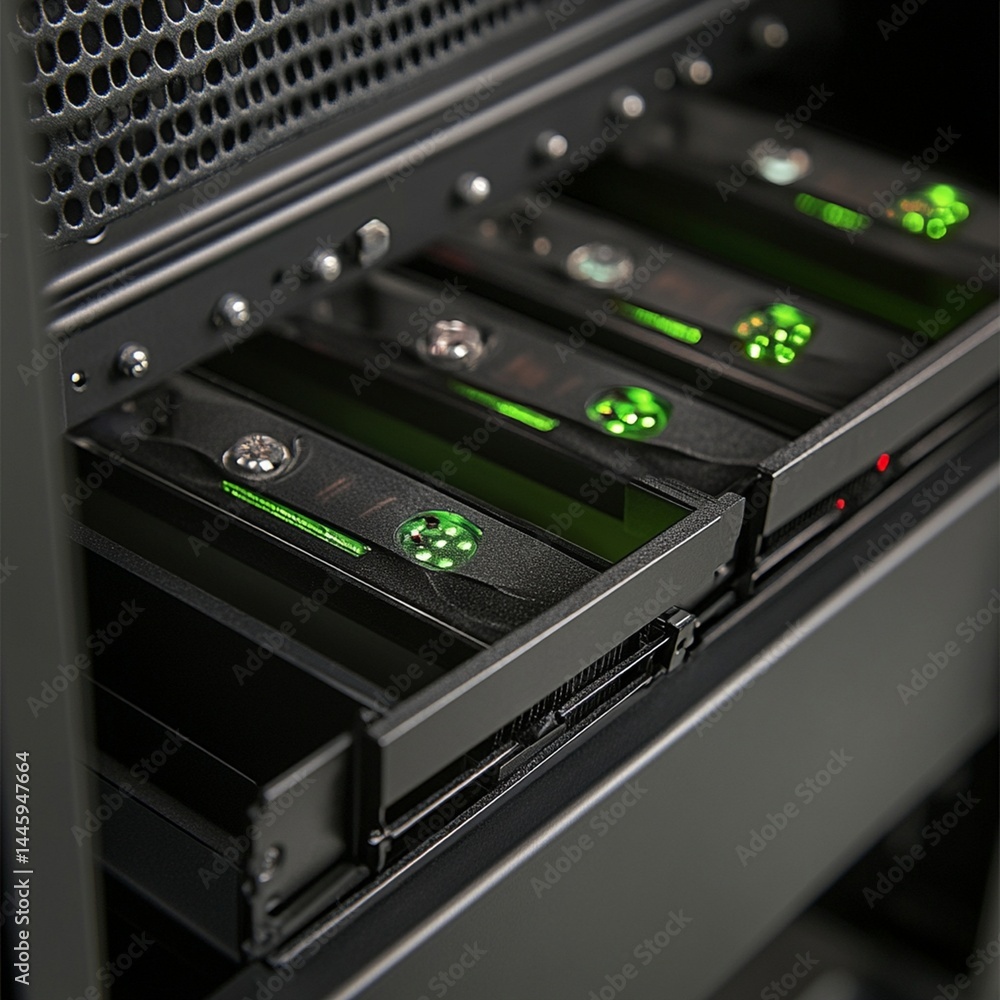 Poster modern server rack green led lights data storage technology web bay high power drive system center