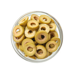Marinated green olive rings in bowl isolated on white, top view