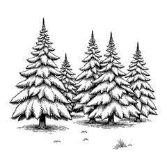 Obraz premium Group of Snow Covered Fir Trees Black and White Outline Line Art Drawing Vintage Engraving Style