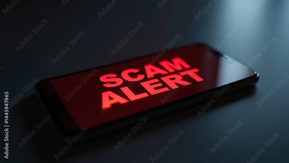 Poster a smartphone displaying a red 'scam alert' message, conveying a sense of urgency and caution in digi