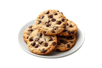 chocolate chip cookies on plate isolated on transparent background
