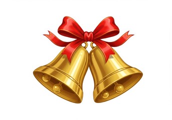 Golden Bells with Red Bow - Two shiny gold bells tied together with a vibrant red ribbon, perfect for holiday greetings or festive occasions