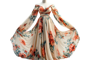 Elegant floral gown pleated chiffon long sleeves off shoulder neckline exquisite detail soft