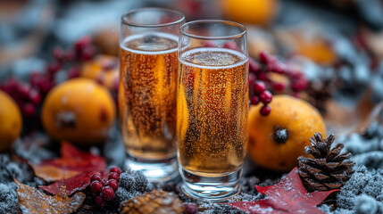 Sparkling cider in snowy autumn setting with festive decor