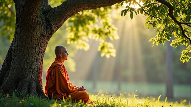 Vesak, Buddha Purnima. Monk in a orange robe is sitting under a tree in a grassy field. The scene is peaceful and serene, with the man meditating and enjoying the natural surroundings