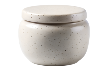 A speckled cream container with a lid on a clear presentation on transparent background