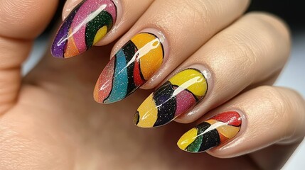 Close-up of a woman's hand with vibrant multi-colored manicure, showcasing modern nail art and beauty trends