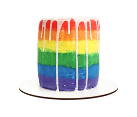 Delicious bright rainbow cake on white background