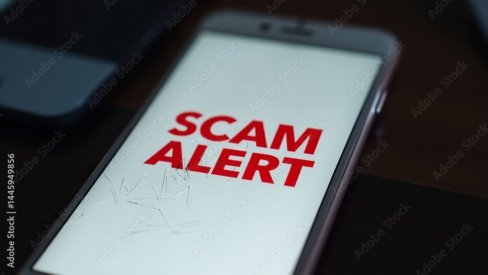 Poster a close-up of a smartphone displaying a 'scam alert' message in bold red text on a cracked screen.
