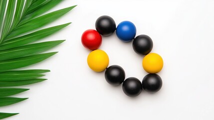 Colorful Spheres Circle Arrangement with Palm Leaf on White