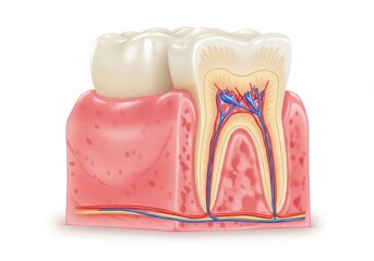 Human Tooth Anatomy Model: Enamel, Dentin, Pulp, Root, and Gum - Detailed anatomical illustration of a human tooth, showcasing enamel, dentin, pulp, root, and gum. Ideal for dental education