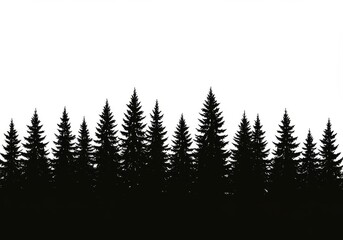 Obraz premium Line of Tall Evergreen Trees - Silhouetted evergreens against a white background. Symbolizing nature, peace, growth, strength, and winter