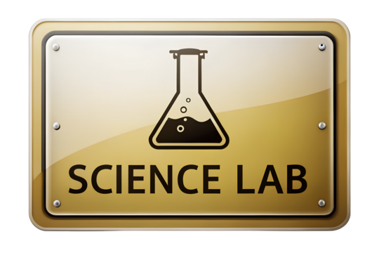 A sign for a laboratory with a flask and the words lab on transparent background