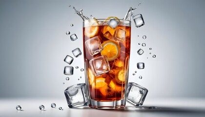A photorealistic image of a glass of cola with ice, isolated on a transparent background, suitable for removal, with a focus on detailed rendering and clarity