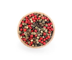 Aromatic peppercorns in bowl isolated on white, top view