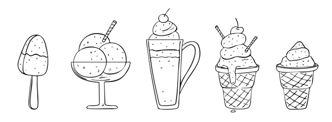 ream in cups, popsicle, in a cup. Cafe menu in sketch style, postcard, greeting card decoration. Hand drawing, graphics.