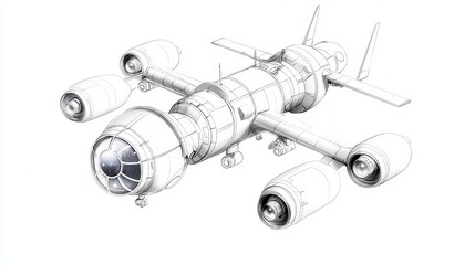 Illustrative Line Art Mock-Up of a Futuristic Aircraft Design with Sleek Fuselage and Multiple Engines