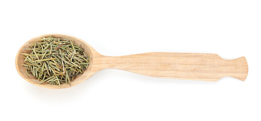 Aromatic dried rosemary in wooden spoon isolated on white, top view