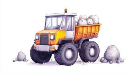 Illustrative Line Art Mock-Up of a Yellow Dump Truck Loaded with Rocks