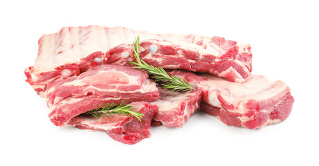 Fresh raw pork ribs and rosemary isolated on white