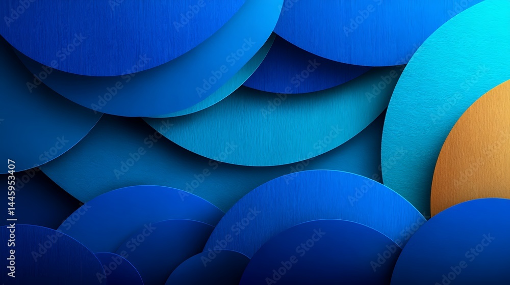Poster abstract blue circles overlapping layered texture design with golden accent