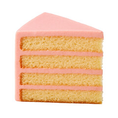 Fototapeta premium Multiple layers of golden sponge cake alternating with thick bands of sweet creamy pink frosting, a perfect slice.