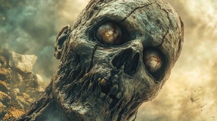 A decaying zombie with vacant eyes rises from the earth, capturing Halloween horror and anxiety.