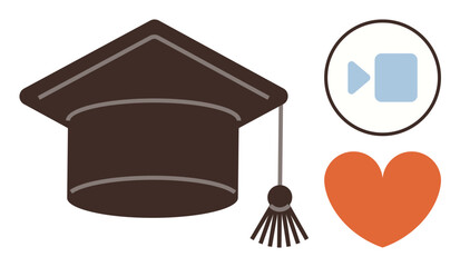 Graduation cap, video call icon, and heart emphasize education, virtual learning, connection, and passion. Ideal for education, e-learning, virtual events online courses academic success