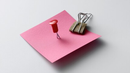 Pink Reminder Note with Pin and Clip: A close-up shot showcases a vibrant pink sticky note, artfully paired with a red pushpin and a silver binder clip, capturing the essence of organization.