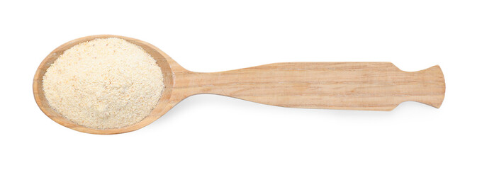 Aromatic garlic powder in wooden spoon isolated on white, top view