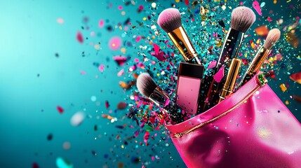 Explosion of Colorful Makeup Products from Pink Cosmetic Bag